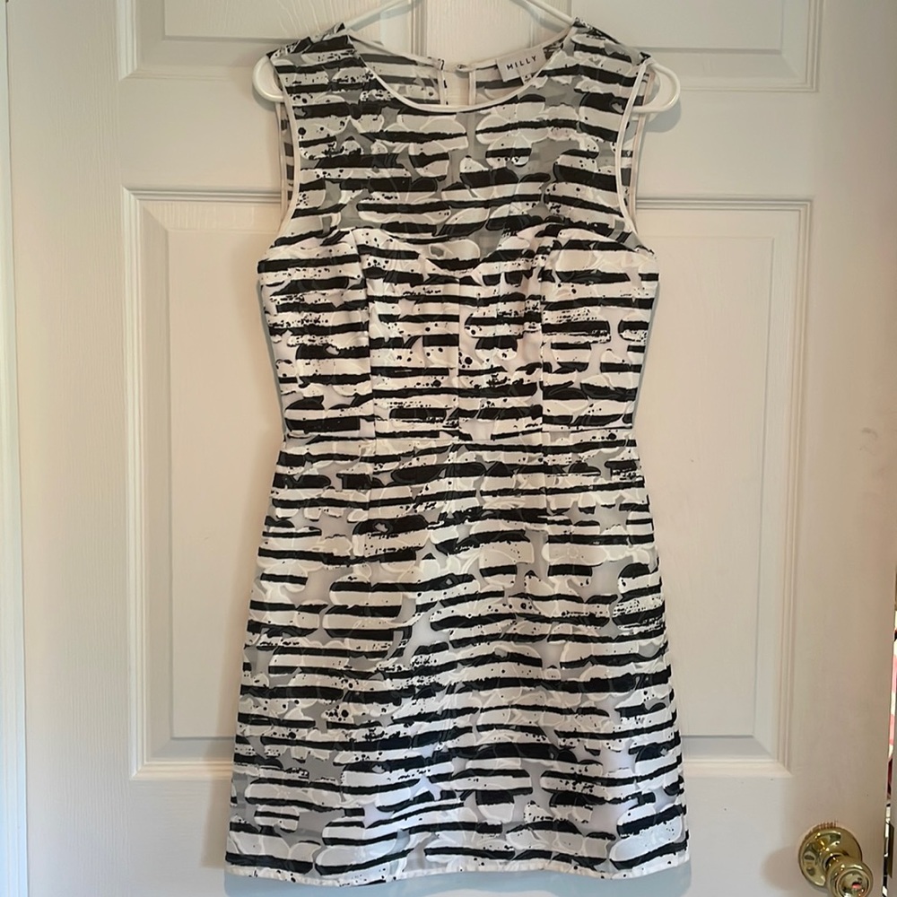 Milly black and white striped floral cocktail dress